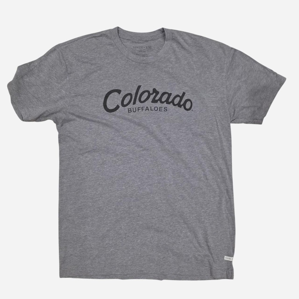 Gray Colorado Buffaloes cotton & poly t-shirt with black text reading